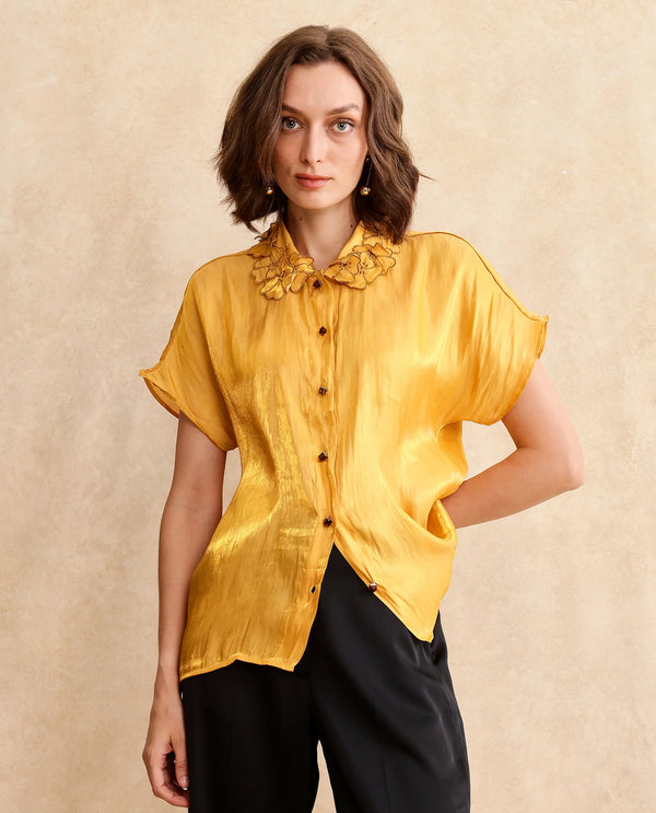 Rareism Women Larfa Yellow Short Sleeve Collared Neck Button Closure Boxy Fit Plain Shirt