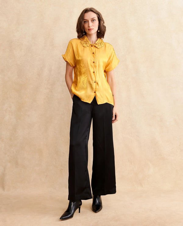 Rareism Women Larfa Yellow Short Sleeve Collared Neck Button Closure Boxy Fit Plain Shirt
