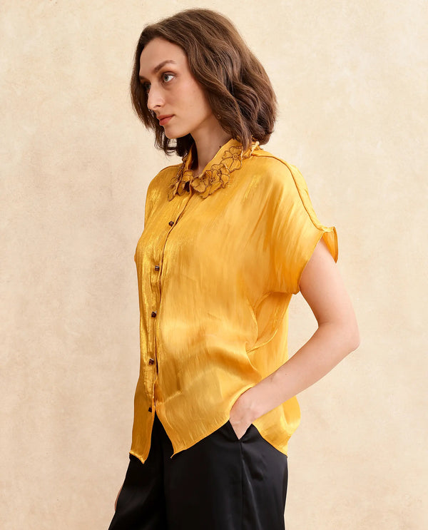 Rareism Women Larfa Yellow Short Sleeve Collared Neck Button Closure Boxy Fit Plain Shirt