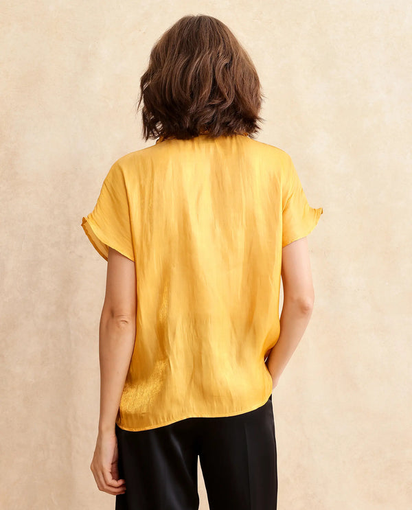 Rareism Women Larfa Yellow Short Sleeve Collared Neck Button Closure Boxy Fit Plain Shirt