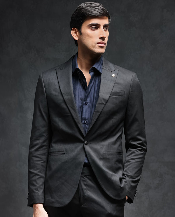 Rare Rabbit Men's Larkin Black Polyester Viscose Fabric Peak Lapel Button Closure Single Breasted Lurex Stripe Suits