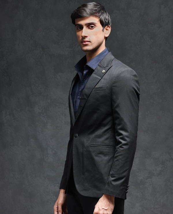 Rare Rabbit Men's Larkin Black Polyester Viscose Fabric Peak Lapel Button Closure Single Breasted Lurex Stripe Suits
