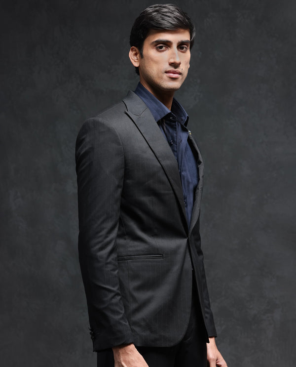 Rare Rabbit Men's Larkin Black Polyester Viscose Fabric Peak Lapel Button Closure Single Breasted Lurex Stripe Suits