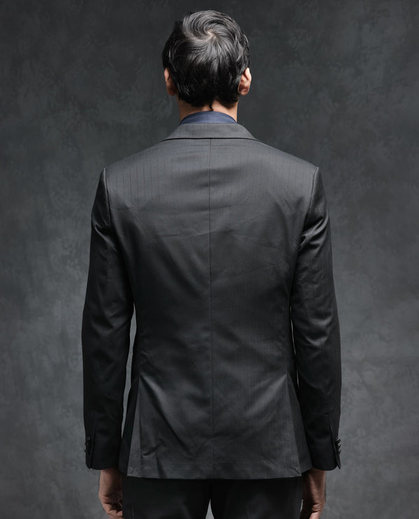 Rare Rabbit Men's Larkin Black Polyester Viscose Fabric Peak Lapel Button Closure Single Breasted Lurex Stripe Suits