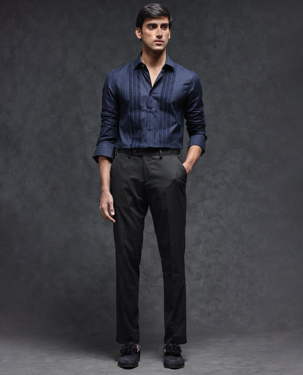 Rare Rabbit Men's Larkin Black Polyester Viscose Fabric Peak Lapel Button Closure Single Breasted Lurex Stripe Suits