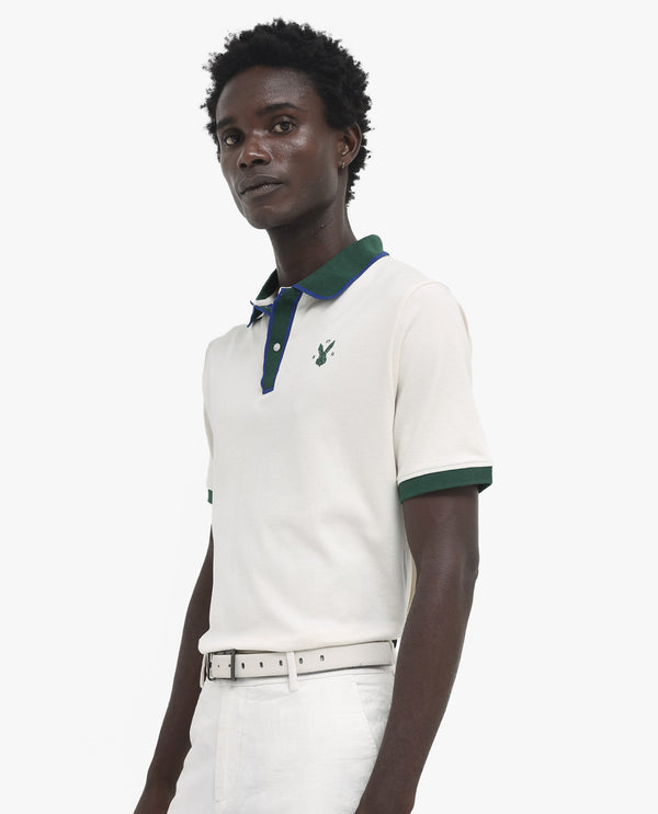 Rare Rabbit Men's Lark Off White Contrasting Collar And Half Sleeves Regular Fit Plain Knitted Polo T-Shirt