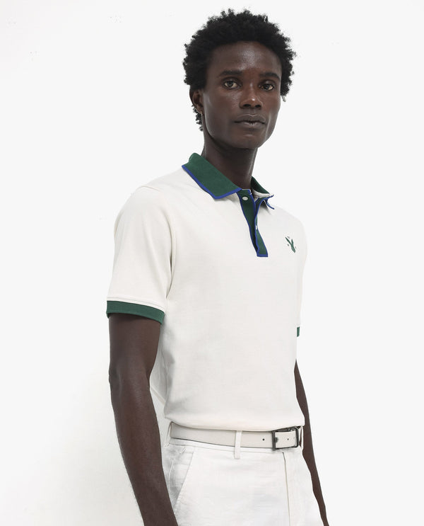 Rare Rabbit Men's Lark Off White Contrasting Collar And Half Sleeves Regular Fit Plain Knitted Polo T-Shirt