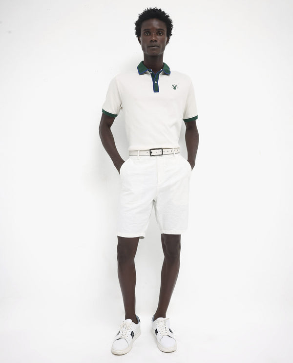 Rare Rabbit Men's Lark Off White Contrasting Collar And Half Sleeves Regular Fit Plain Knitted Polo T-Shirt