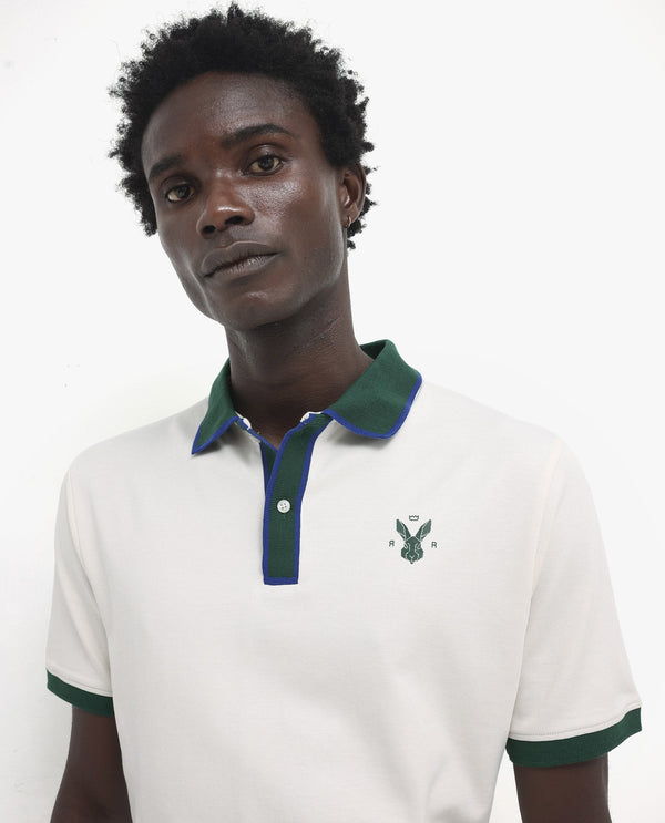 Rare Rabbit Men's Lark Off White Contrasting Collar And Half Sleeves Regular Fit Plain Knitted Polo T-Shirt