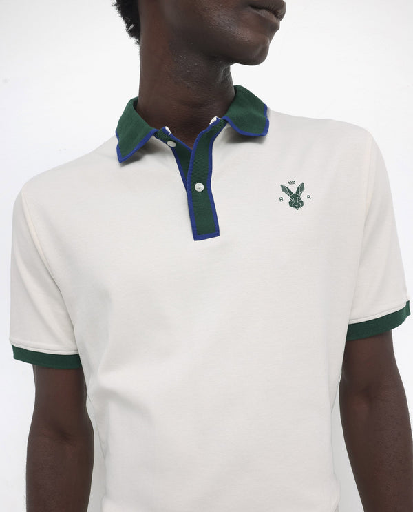 Rare Rabbit Men's Lark Off White Contrasting Collar And Half Sleeves Regular Fit Plain Knitted Polo T-Shirt