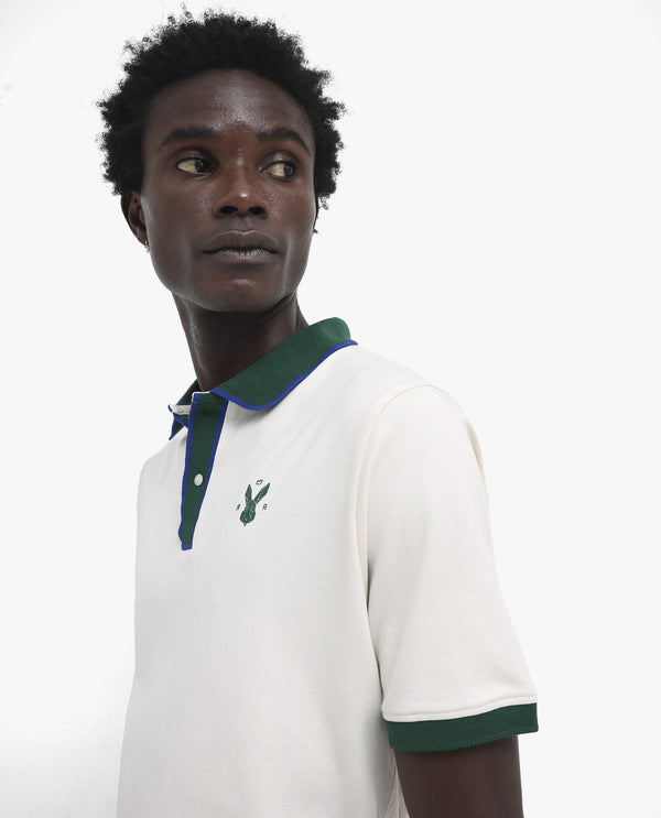 Rare Rabbit Men's Lark Off White Contrasting Collar And Half Sleeves Regular Fit Plain Knitted Polo T-Shirt