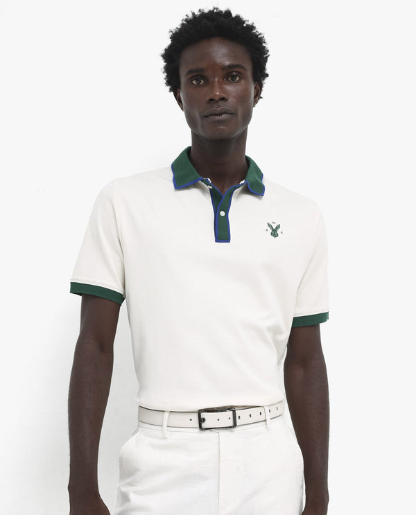 Rare Rabbit Men's Lark Off White Contrasting Collar And Half Sleeves Regular Fit Plain Knitted Polo T-Shirt
