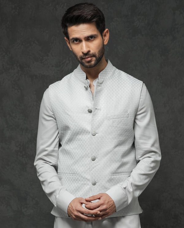 Rare Rabbit Men's Lasmos-B1 Light Grey Polyester Viscose  Lycra Fabric Mandarin Collar Sleeveless Geometric Embroidery Bandi