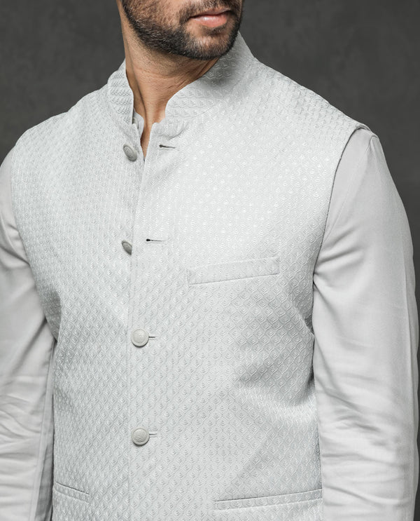 Rare Rabbit Men's Lasmos-B1 Light Grey Polyester Viscose  Lycra Fabric Mandarin Collar Sleeveless Geometric Embroidery Bandi