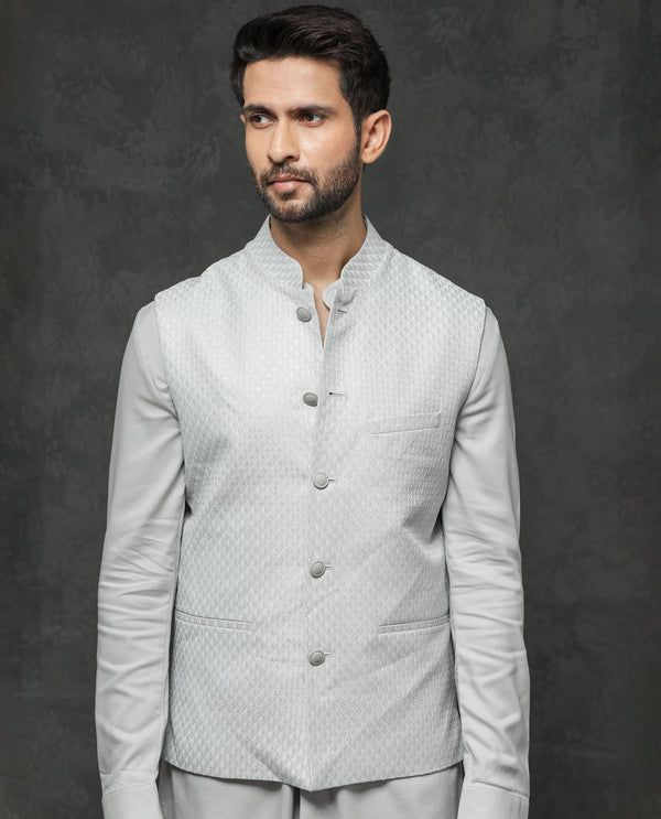 Rare Rabbit Men's Lasmos-B1 Light Grey Polyester Viscose  Lycra Fabric Mandarin Collar Sleeveless Geometric Embroidery Bandi