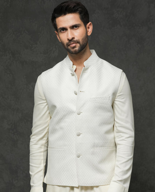 Rare Rabbit Men's Lasmos-B1 Off White Polyester Viscose Lycra Fabric Mandarin Collar Sleeveless Geometric Embroidery Bandi