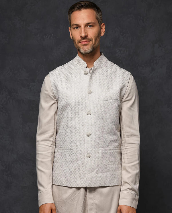 Rare Rabbit Men's Lasmos-B1 Beige Poly Viscose Elastane Fabric Sleeveless Mandarin Collar Bandi
