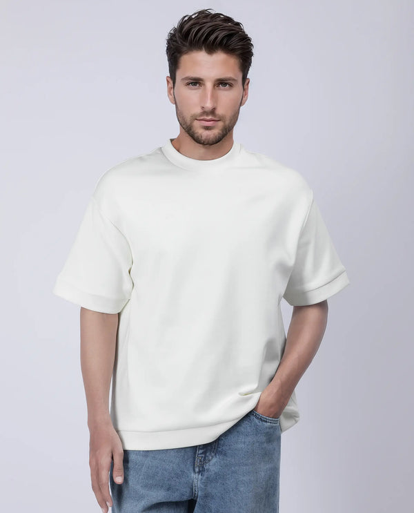 Rare Rabbit Men Lauch Off White Cotton Blend Fabric Short Sleeves Oversized Plain T-Shirt