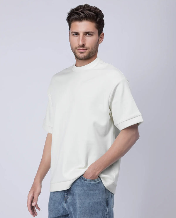 Rare Rabbit Men Lauch Off White Cotton Blend Fabric Short Sleeves Oversized Plain T-Shirt