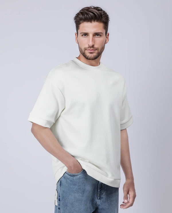 Rare Rabbit Men Lauch Off White Cotton Blend Fabric Short Sleeves Oversized Plain T-Shirt