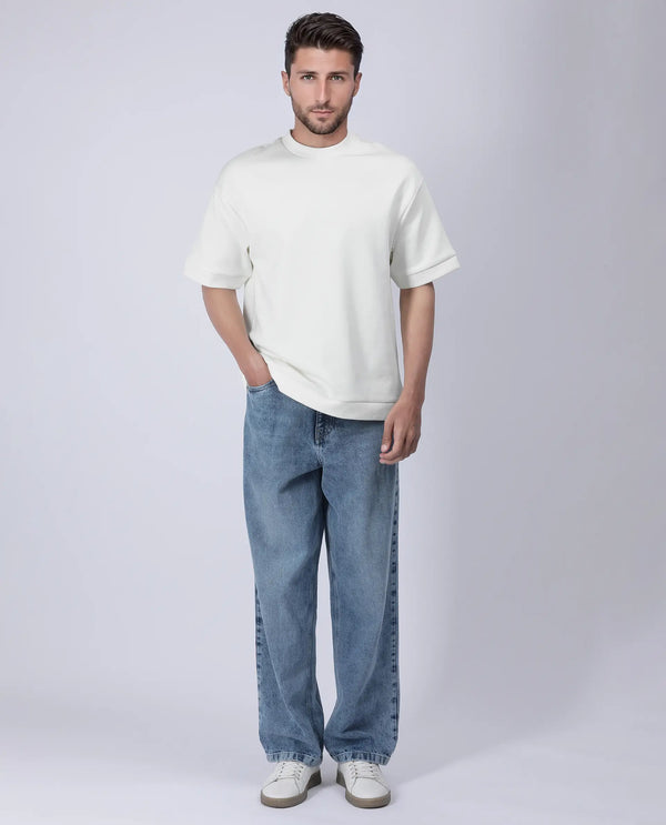Rare Rabbit Men Lauch Off White Cotton Blend Fabric Short Sleeves Oversized Plain T-Shirt