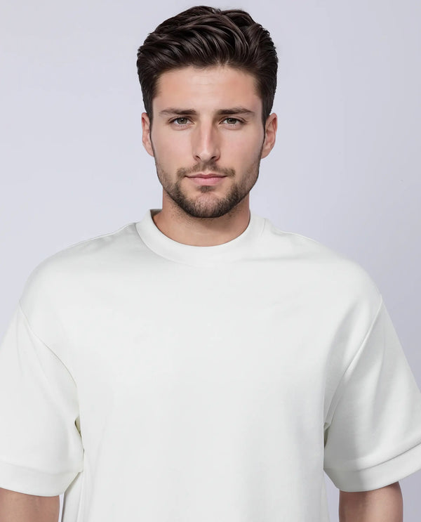 Rare Rabbit Men Lauch Off White Cotton Blend Fabric Short Sleeves Oversized Plain T-Shirt
