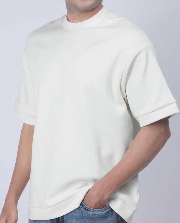 Rare Rabbit Men Lauch Off White Cotton Blend Fabric Short Sleeves Oversized Plain T-Shirt