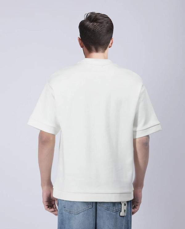 Rare Rabbit Men Lauch Off White Cotton Blend Fabric Short Sleeves Oversized Plain T-Shirt
