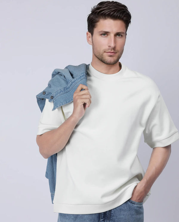 Rare Rabbit Men Lauch Off White Cotton Blend Fabric Short Sleeves Oversized Plain T-Shirt