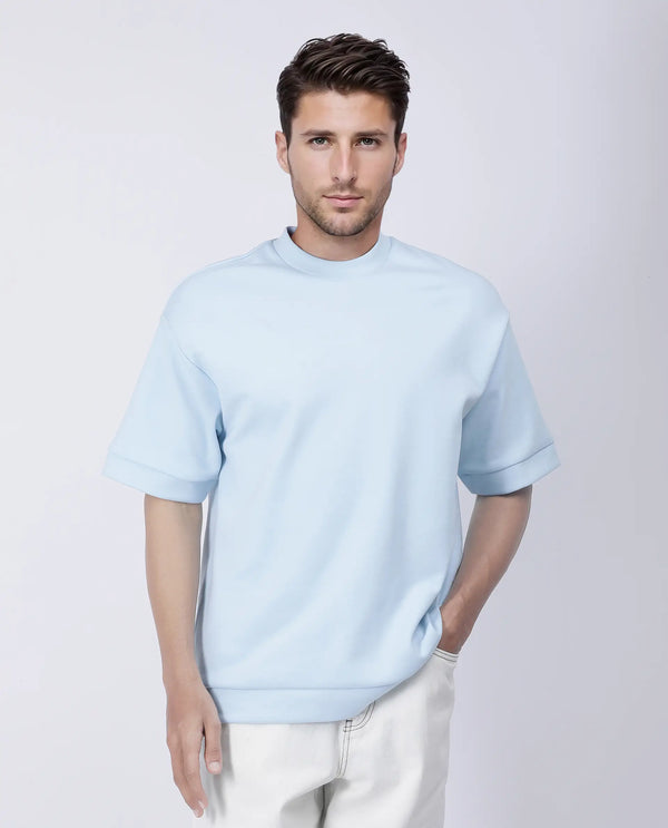 Rare Rabbit Men Lauch Pastel Blue Cotton Blend Fabric Short Sleeves Oversized Plain T-Shirt
