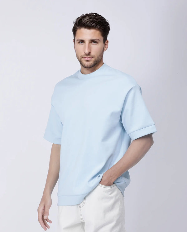 Rare Rabbit Men Lauch Pastel Blue Cotton Blend Fabric Short Sleeves Oversized Plain T-Shirt