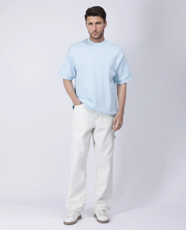 Rare Rabbit Men Lauch Pastel Blue Cotton Blend Fabric Short Sleeves Oversized Plain T-Shirt
