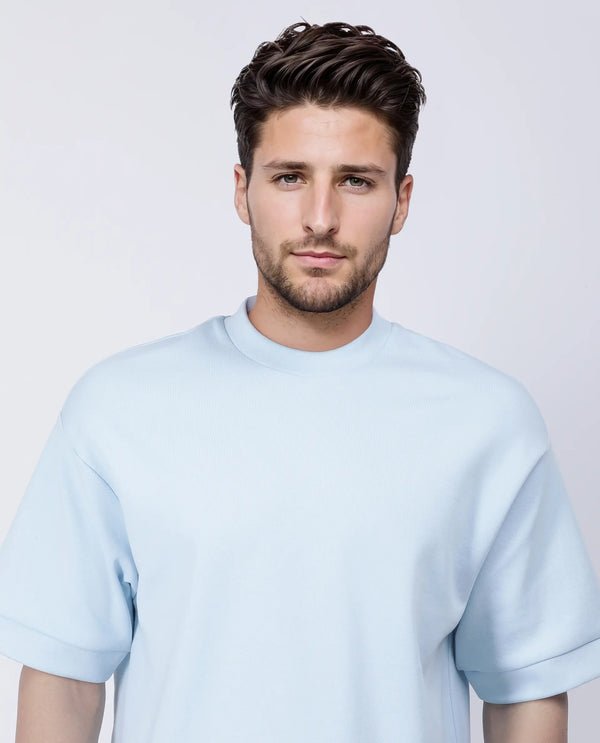 Rare Rabbit Men Lauch Pastel Blue Cotton Blend Fabric Short Sleeves Oversized Plain T-Shirt