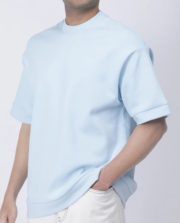 Rare Rabbit Men Lauch Pastel Blue Cotton Blend Fabric Short Sleeves Oversized Plain T-Shirt