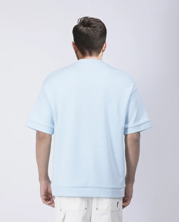 Rare Rabbit Men Lauch Pastel Blue Cotton Blend Fabric Short Sleeves Oversized Plain T-Shirt