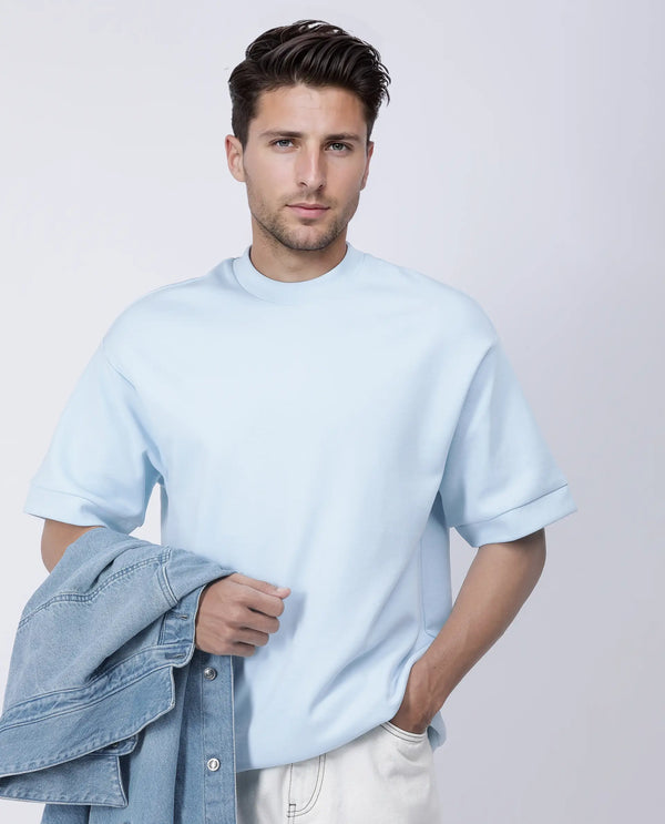 Rare Rabbit Men Lauch Pastel Blue Cotton Blend Fabric Short Sleeves Oversized Plain T-Shirt