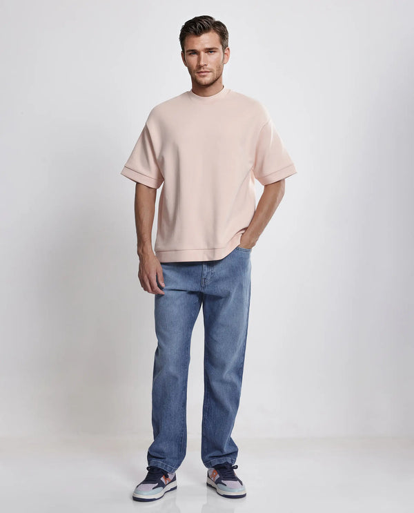 Rare Rabbit Men Lauch Pastel Orange Cotton Blend Fabric Short Sleeves Oversized Plain T-Shirt