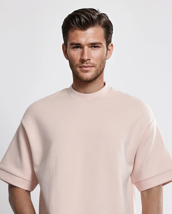 Rare Rabbit Men Lauch Pastel Orange Cotton Blend Fabric Short Sleeves Oversized Plain T-Shirt