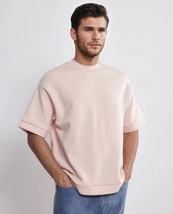 Rare Rabbit Men Lauch Pastel Orange Cotton Blend Fabric Short Sleeves Oversized Plain T-Shirt