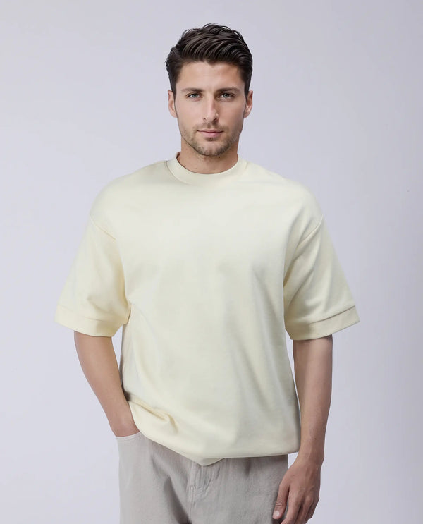 Rare Rabbit Men Lauch Pastel Yellow Cotton Blend Fabric Short Sleeves Oversized Plain T-Shirt