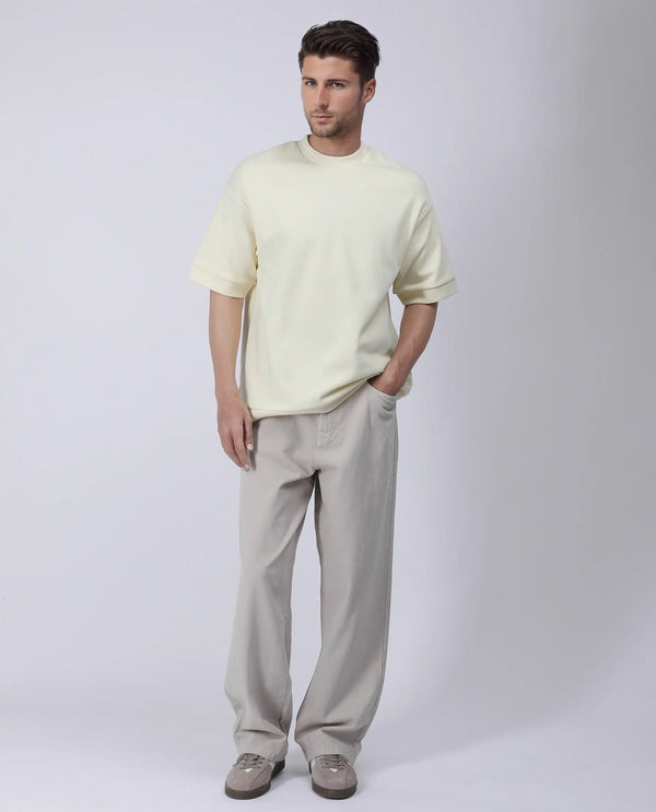 Rare Rabbit Men Lauch Pastel Yellow Cotton Blend Fabric Short Sleeves Oversized Plain T-Shirt