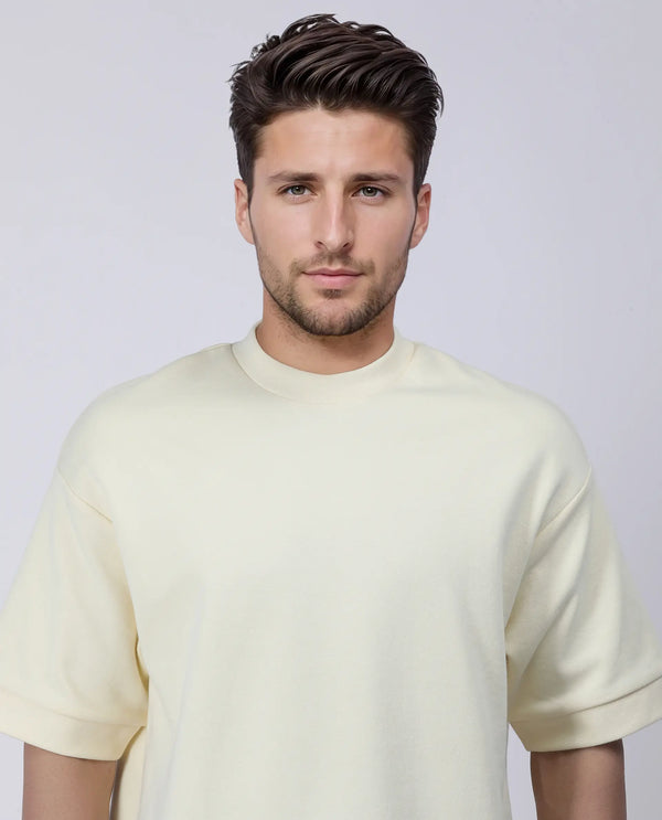 Rare Rabbit Men Lauch Pastel Yellow Cotton Blend Fabric Short Sleeves Oversized Plain T-Shirt