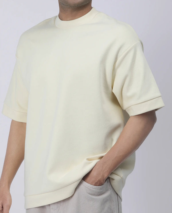 Rare Rabbit Men Lauch Pastel Yellow Cotton Blend Fabric Short Sleeves Oversized Plain T-Shirt