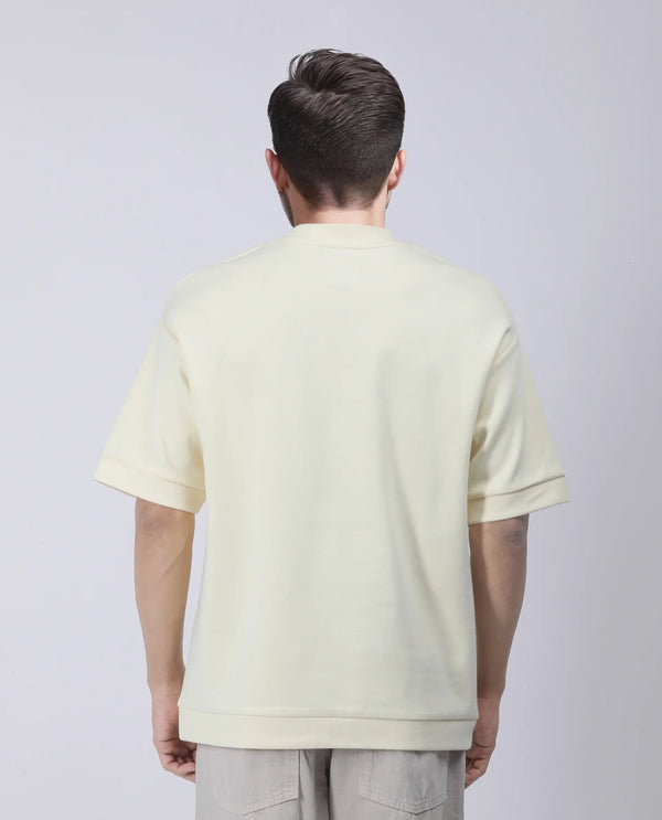 Rare Rabbit Men Lauch Pastel Yellow Cotton Blend Fabric Short Sleeves Oversized Plain T-Shirt