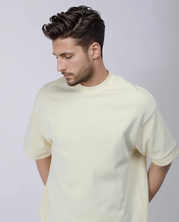 Rare Rabbit Men Lauch Pastel Yellow Cotton Blend Fabric Short Sleeves Oversized Plain T-Shirt