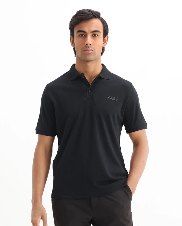 Rare Rabbit Men Laur Black Cotton Fabric Short Sleeve Printed Collar HD Print Branded Plain Polo