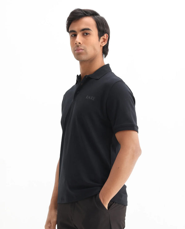 Rare Rabbit Men Laur Black Cotton Fabric Short Sleeve Printed Collar HD Print Branded Plain Polo