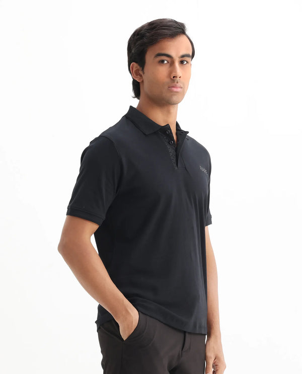 Rare Rabbit Men Laur Black Cotton Fabric Short Sleeve Printed Collar HD Print Branded Plain Polo