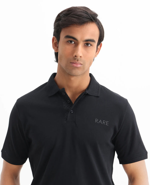 Rare Rabbit Men Laur Black Cotton Fabric Short Sleeve Printed Collar HD Print Branded Plain Polo
