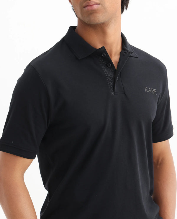 Rare Rabbit Men Laur Black Cotton Fabric Short Sleeve Printed Collar HD Print Branded Plain Polo